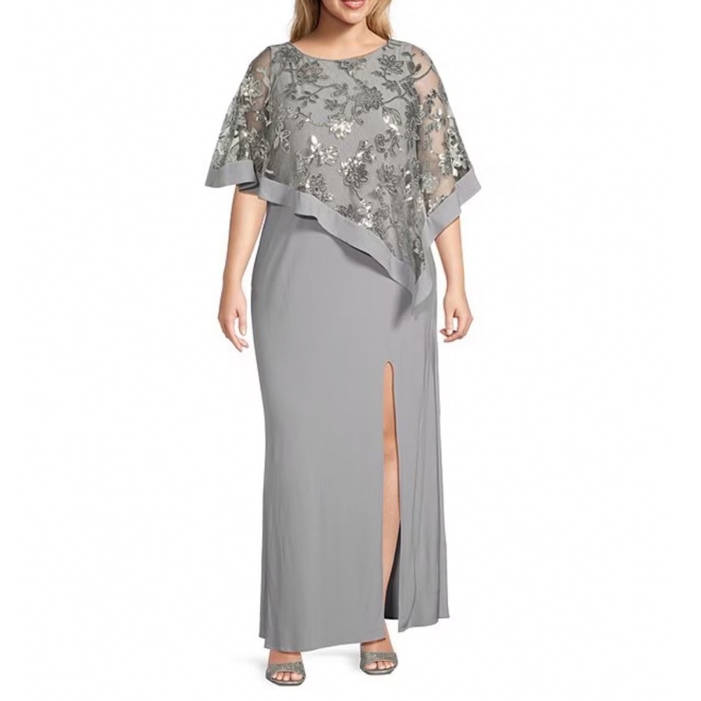 R & M Richards Silver Grey Sequin Floral Capelet Gown Formal Dress Size 8
